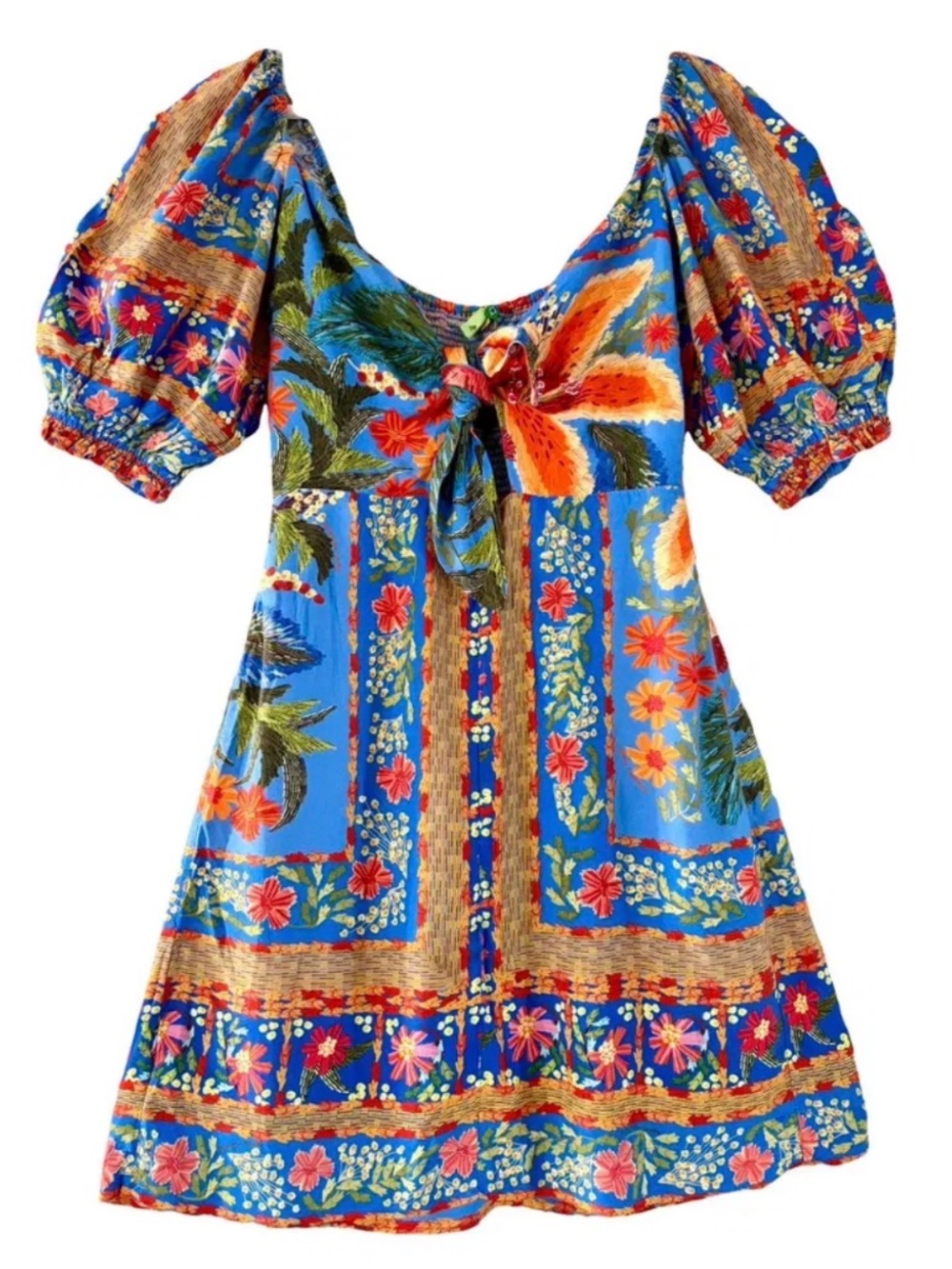 NWT FARM Rio Bordadeira Azul Tropical Smocked Mini Dress Small